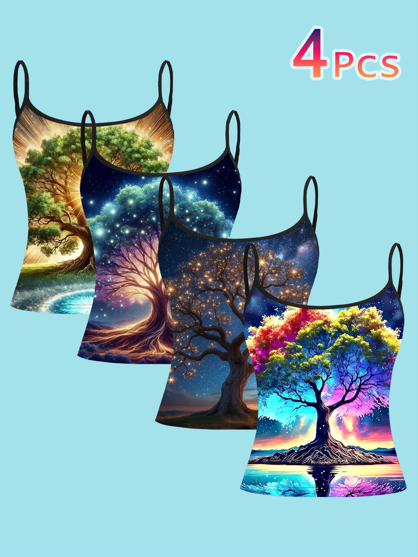 4-Piece Set of Galaxy Starry Sky Ancient Tree Suspenders Set, Dazzling Colorful Tree and Lake Reflection Women's Base Layer Tank Top
