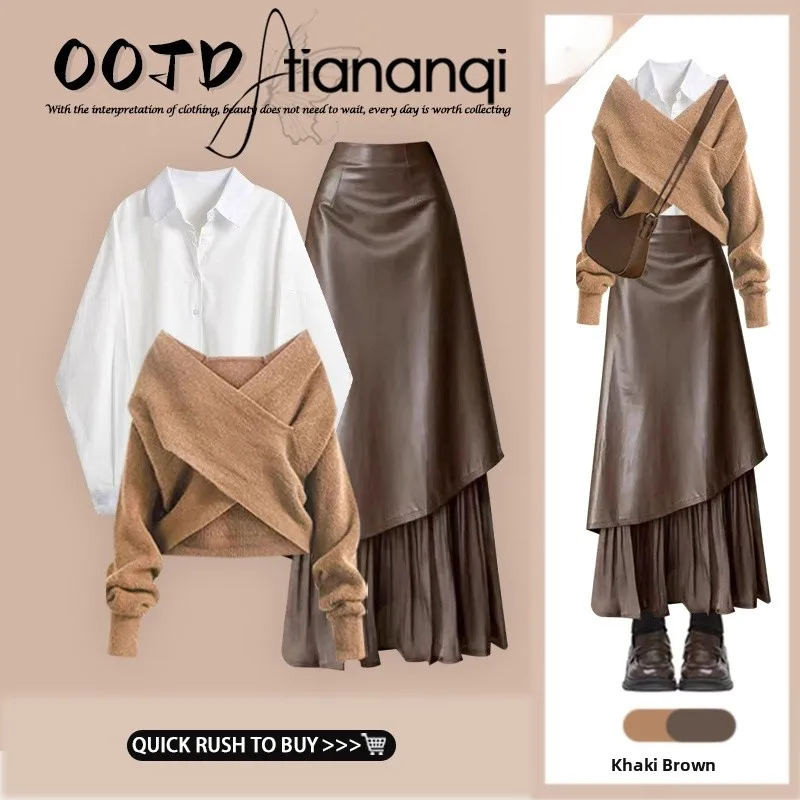 

Korean Sle Knitted Sweater Dr Set Long Sve round Ne Tee Piece Faion Ensemble Winter Outfit High End Feel Skirt