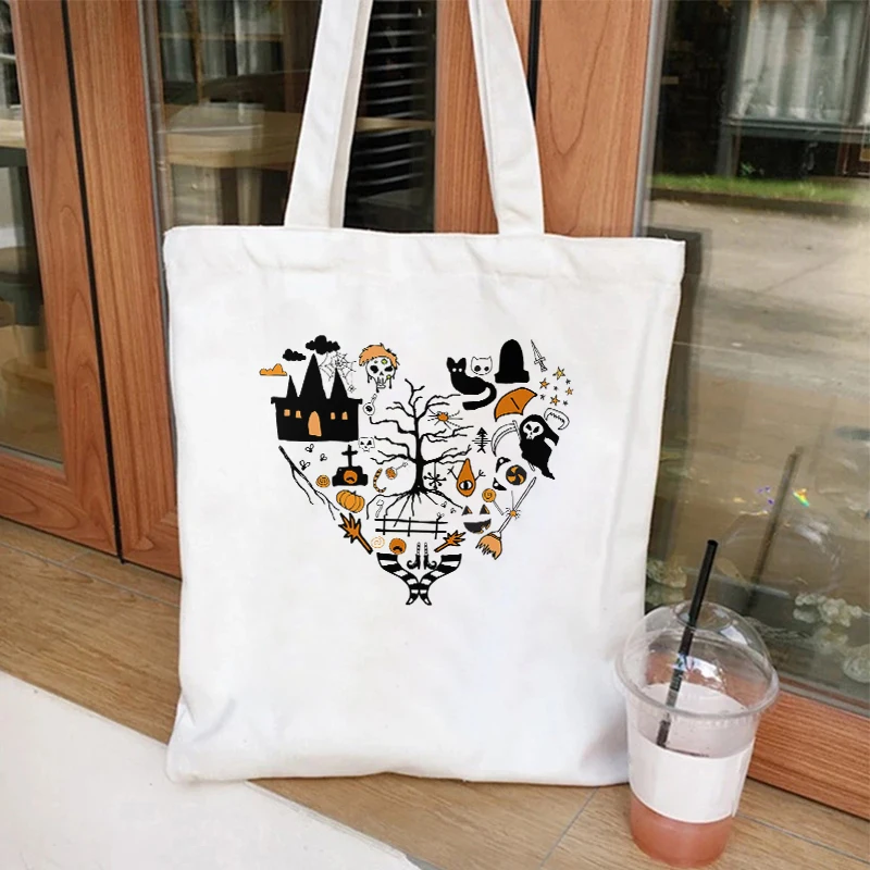 Canvas Tote Bags for Women Funny Halloween Print Handbags Spooky Boo Pumpkin Graphic Reusable Foldable Shopping Shoulder Bag