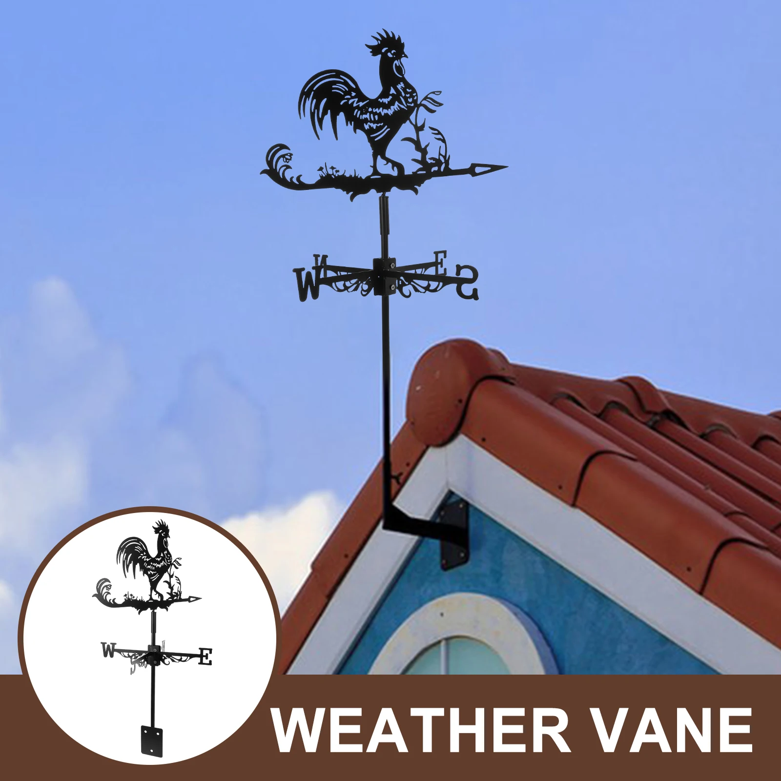 

Wrought Iron Rooster Weather Vane Garden Decoration Black Strong Durable Realistic Metal Vane Roof Mount Wind Direction