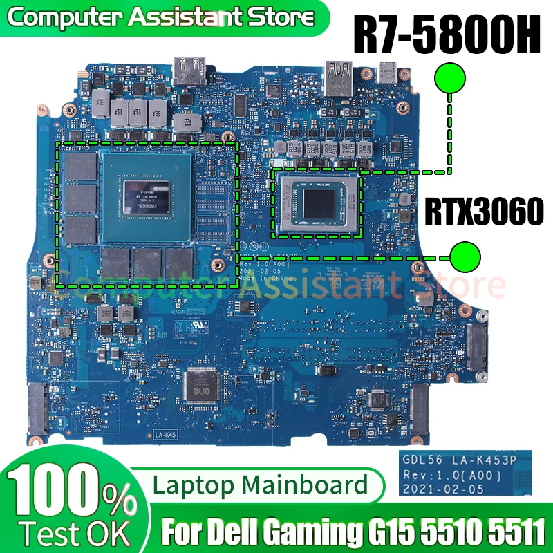 

For Dell Gaming G15 5510 5511 Laptop Mainboard LA-K453P 0F8CRX 0XF7N6 09YV3R R7-5800H RTX3060 Notebook Motherboard