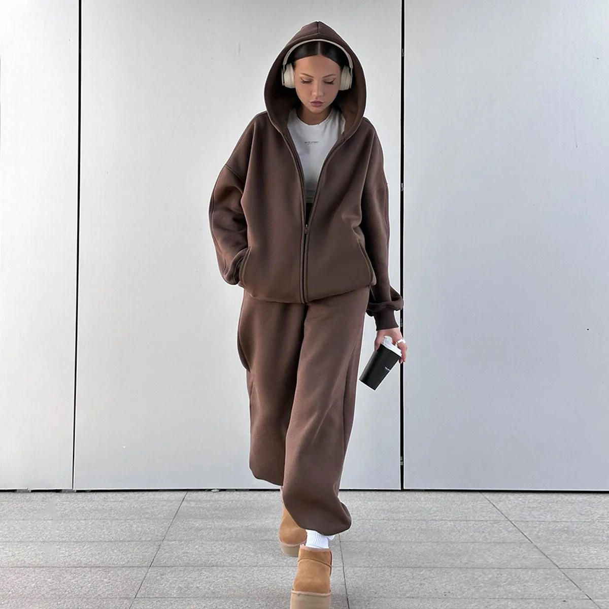 Autumn and Winter Women\'s Hoodie Pants Suit Fashion Street Style Fleece Cardigan Hooded Sweatshirt Warm Loose Sports Pants Set