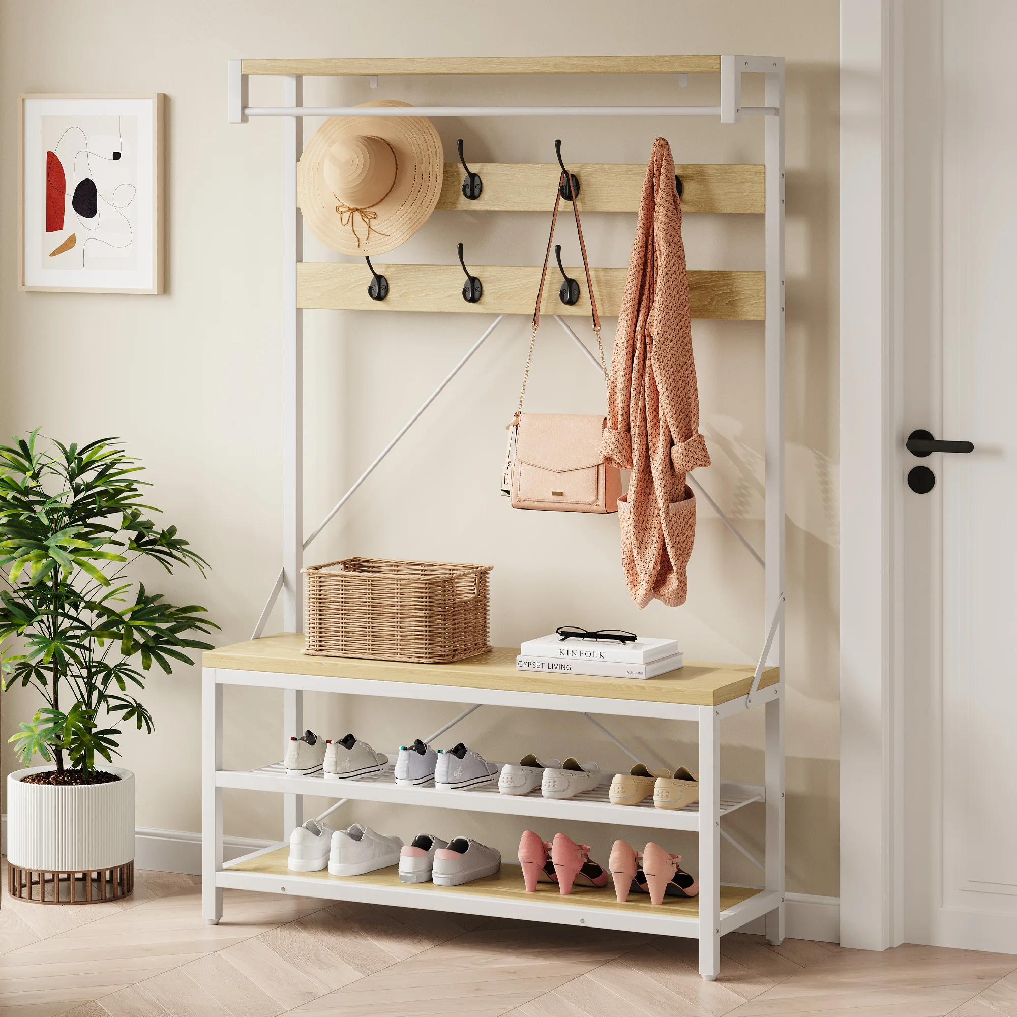 Industriële hal-kapstok met schoenenbank, 2-laags schoenenopbergruimte, haak, hangstang, metalen frame voor hal, kleedkamer, slaapkamer
