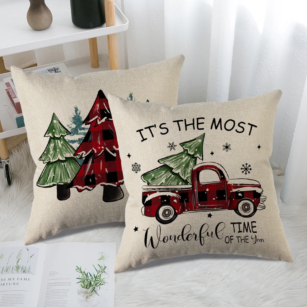 Merry Christmas Cushion Cover, Xmas Tree Cartoon Throw Pillowcase Home Decor Ornament Xmas New Year Christmas Accessories