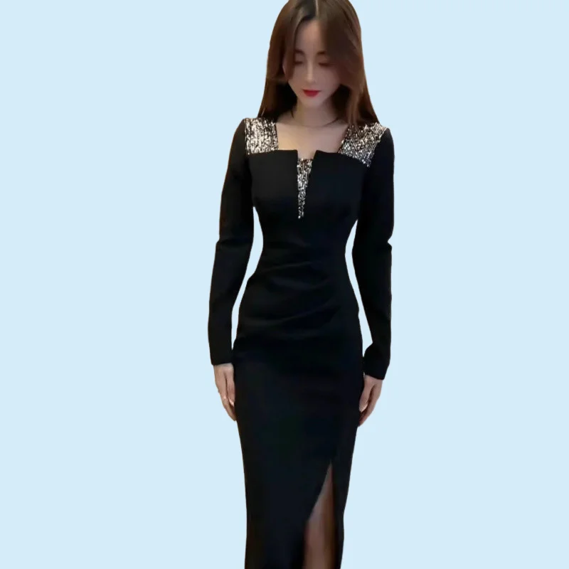 Caliente 2025 nueva falda elegante y de gama alta a la moda con un estilo elegante y elegante vestido de manga larga de estilo maduro ligero delgado