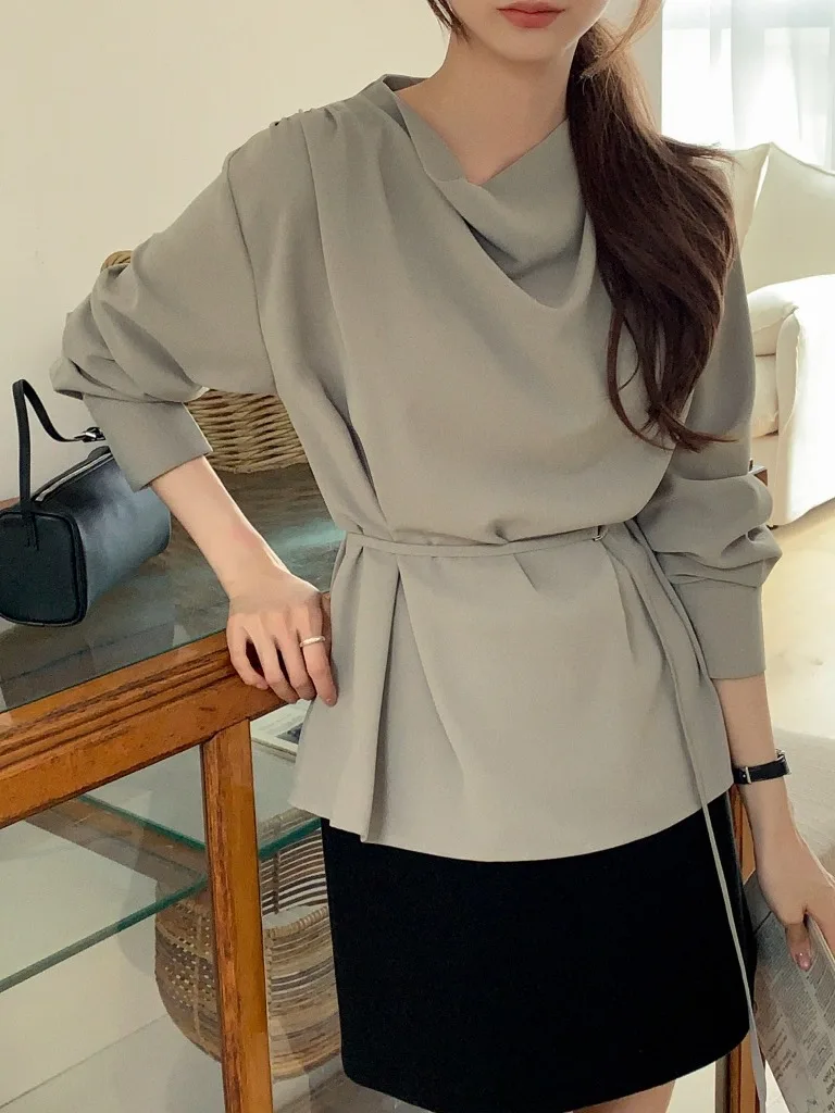 

Ele Pure Color с поясом irt для женщин, ранняя весна, для похудения, длинный све, воротник-стойка, завязка на талии, корейский базовый слой, топ