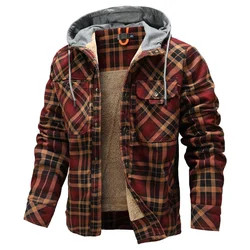 Men's Jackets Winter Hooded Warm Coat Plush Casual Thicken Plaid Work Flannel Snap Sherpa Lined Fleece Clothing US Size
