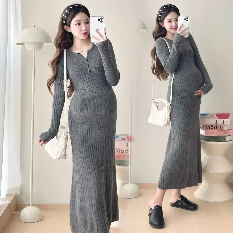 New Style Sweater Knit French Ribbed Inner Autumn Collection Dress Medium-length Skirt Maternity Clothes For Spring Autumn