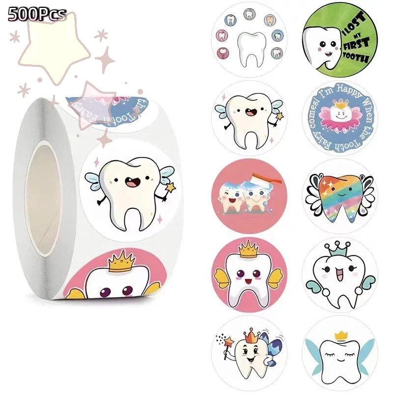 500pcs/Roll Cartoon Tooth Shaped Dental Stickers Label Decals Dental Supplies Dentistry Clinic Decorations