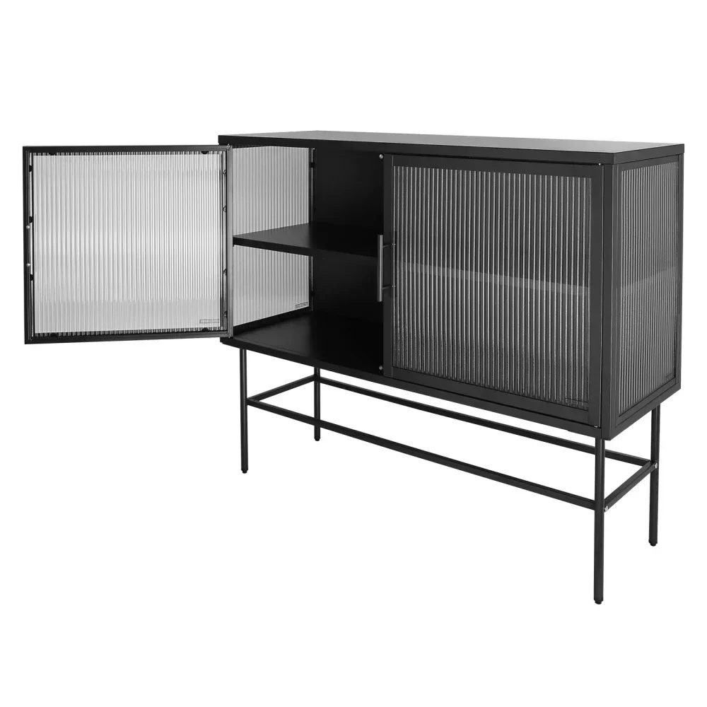 Double Door Tempered Glass Sideboard Table with 2 Fluted Glass Doors, Adjustable Shelf, Anti-Tip Feet, Dust-free.