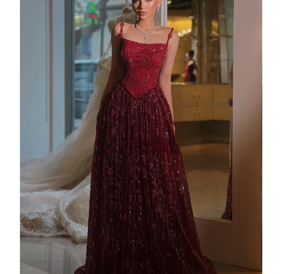 

Red Sequins Beaded Prom Dress Vintage Evening Dresses Elegant 3D Flower Mermaid Slit Square Collar Customized Wedding Dresses