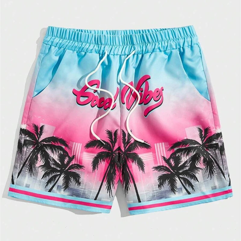 Vacation Casual Gradient Print Beach Short For Men Drawstring California Print Board Shorts Quick Dry 2025 Summer Swim Trunks