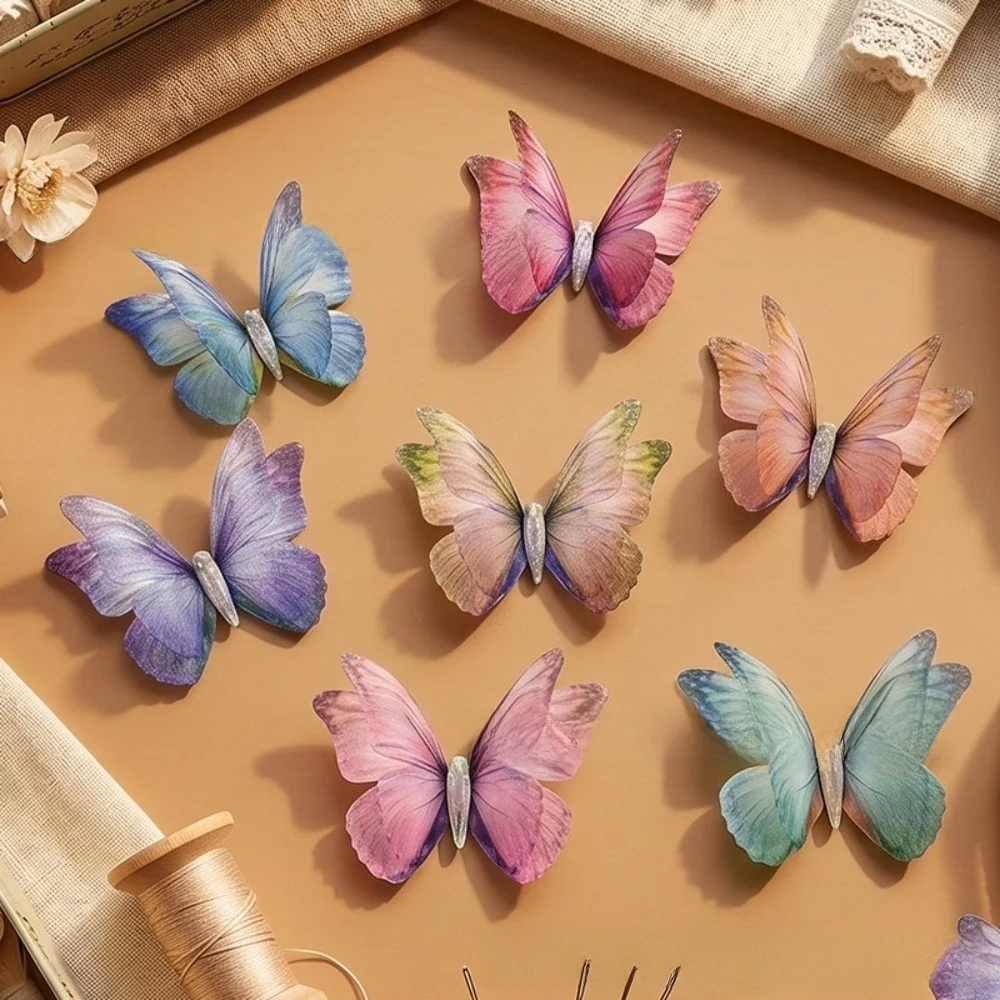 50Pcs 3D Organza Fabric Butterfly Appliques Double-layer Colorful Chiffon Tulle Butterfly Patches Translucent