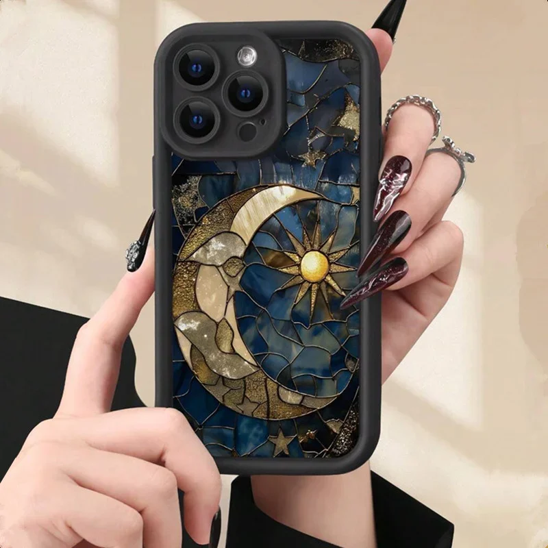 Ästhetisches Glas bedruckte Sonnen- und Mond-Silikon-Handyhülle für iPhone 11 12 13 14 15 16 Pro Max XS X XR 7 8 Plus SE 2 2022 16e Cover