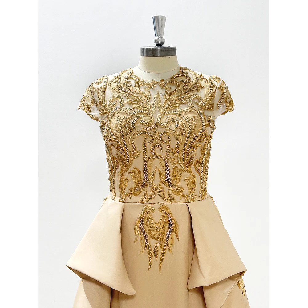 Robe de Soirée en Dentelle à Manches Courtes et Col Rond pour Femme, Tenue de Bal Élégante, Éducative, Longueur au Sol, pour les Occasions Spéciales