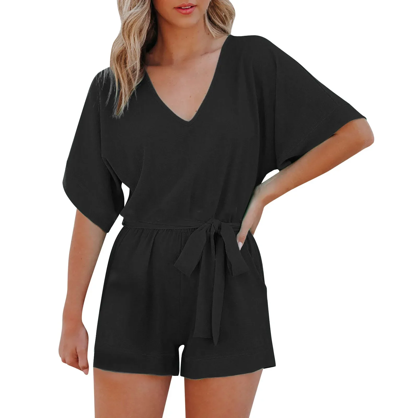 

Women's Summer Solid Jumpsuit Short Pants Casual Lace Up Bandage V-neck Beach Rompers Sleeveless Bodysuit Sexy Playsuit Overalls