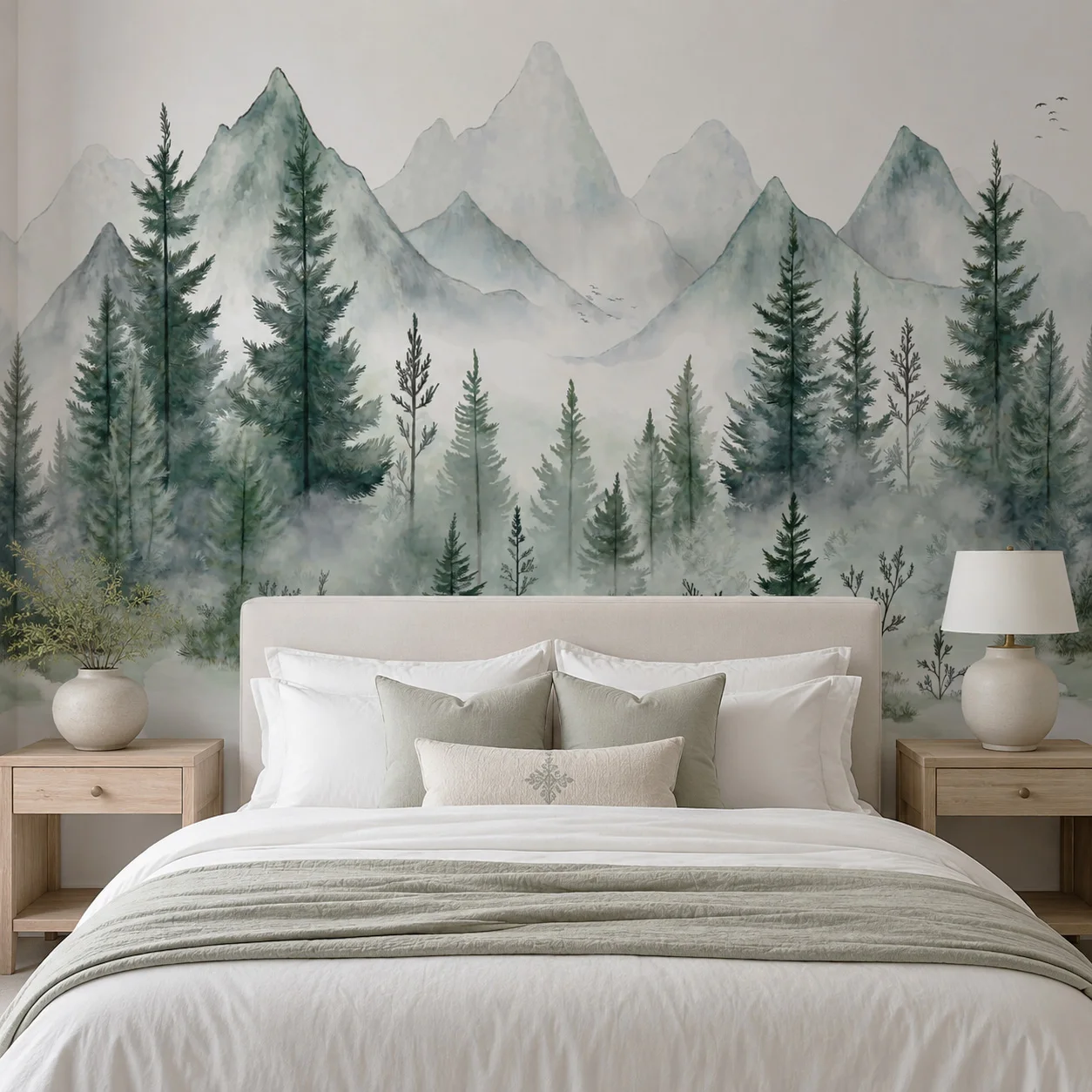 Watercolor Mountain Forest Wall Mural Wallpaper Misty Pine Landscape Living Room Bedroom Decor Unpasted Wallpaper