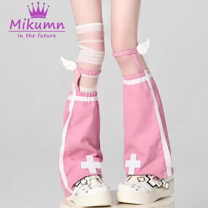 Mikumn Harajuku blu bianco rosa croce pizzo scaldamuscoli calzini donna Y2k ali d\'angelo copertura elastica gamba giapponese Kawaii stivali calzini