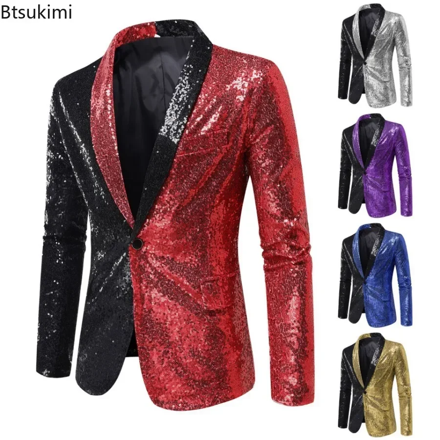 

2025Men's Patchwork Sequins Tuxedo Blazers Stylish Shiny Shawl Lapel One Button Blazer Suit Jacket Men Disco Party Stage Costume