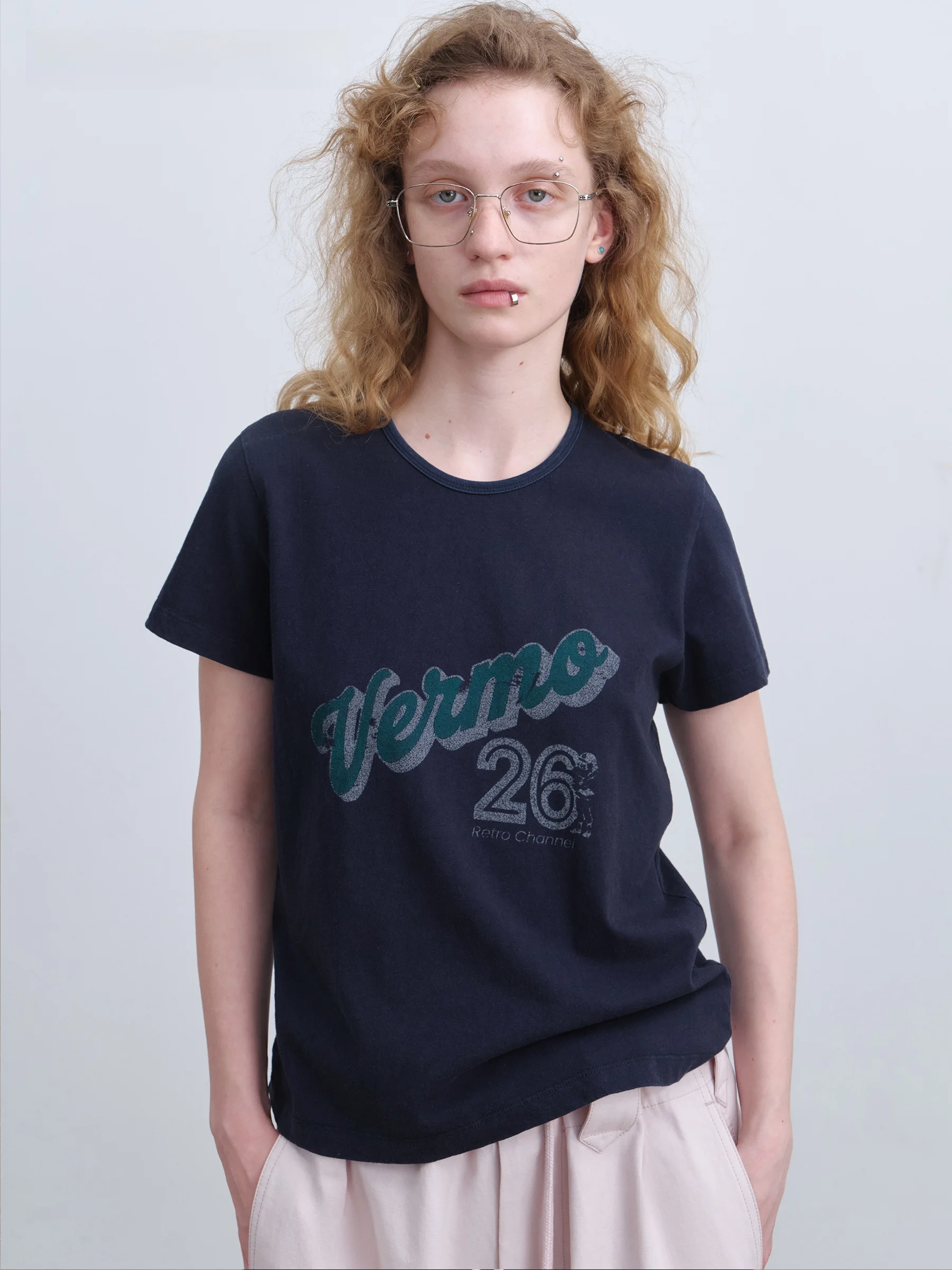 

VERMO Vintage Washed Denim Blue Short Sleeve T-Shirt Linen Cotton Shoulder Fit Print Women's Spring Summer Casual round Neck Top