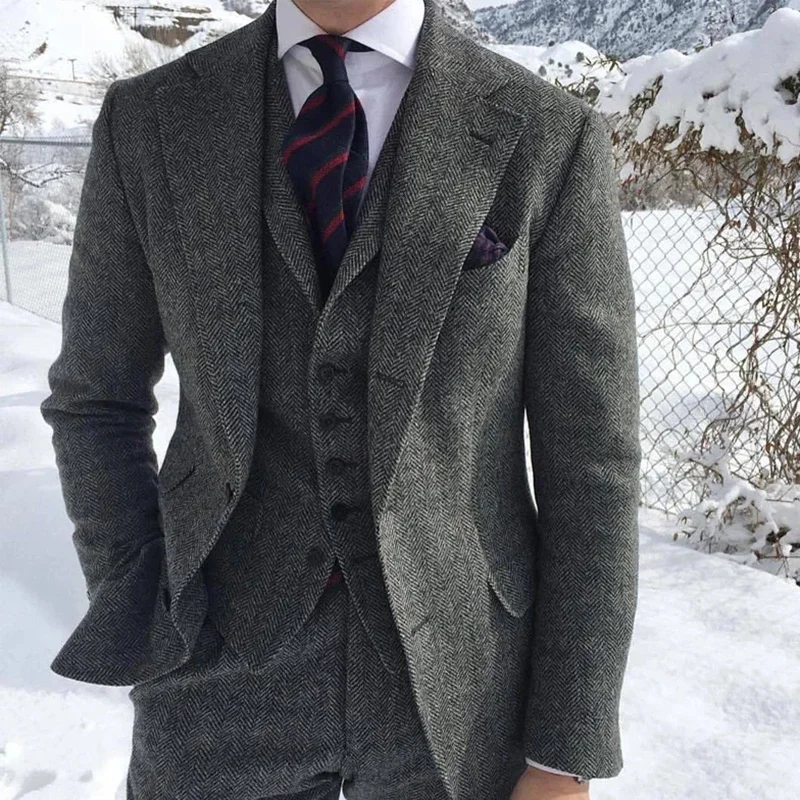 

Winter Black Wool Tweed Mens Suits For Wedding Formal Groom Tuxedo 3 Piece Herringbone Male Blazer Set Jacket + Vest + Pants