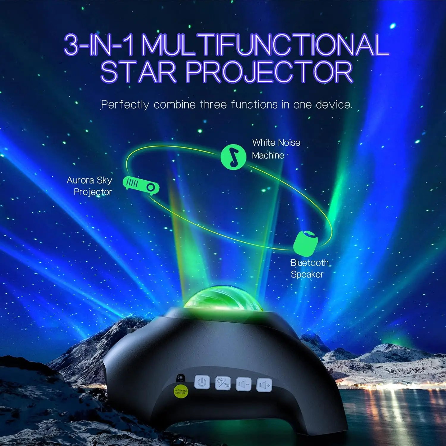 Luz ambiente do projetor estrela, projetor galáxia para quarto, projetor aurora de luz noturna led com alto-falante bluetooth, ruído branco
