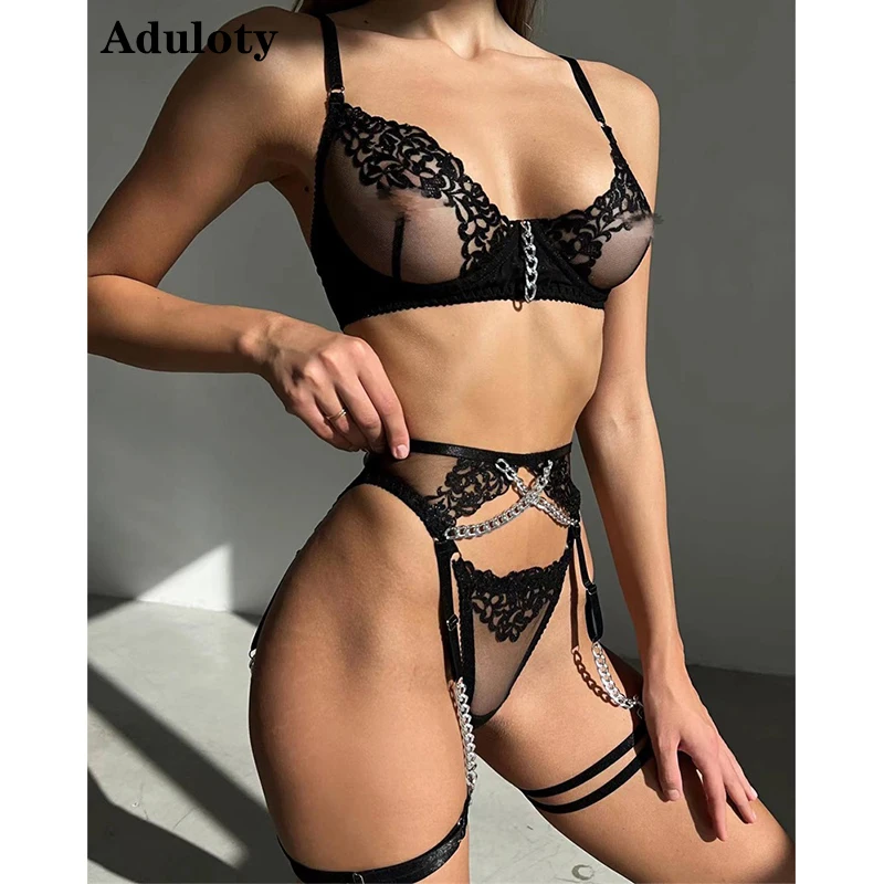 

Aduloty Women's Sexy Lingerie Thin Mesh Lace Embroidery Perspective Erotic Underwear Metal Chain Decorative Underwire Bra Set