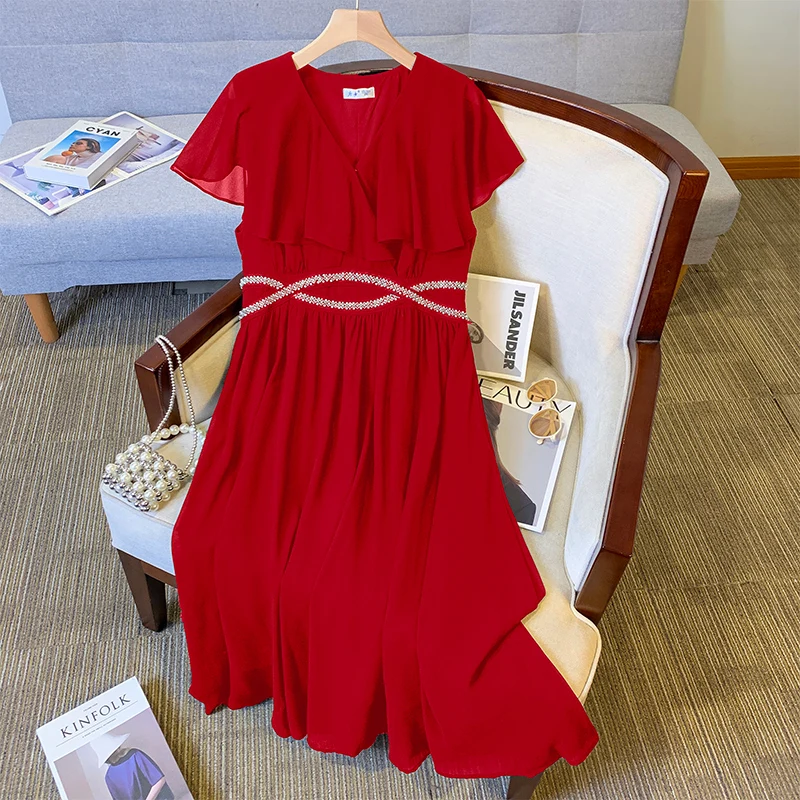 Women Chiffon Dresses Summer Female V Neck Sleeveless Large Size Elegant A Line Black Red A Line Mid-length Beaded Loose Vestido