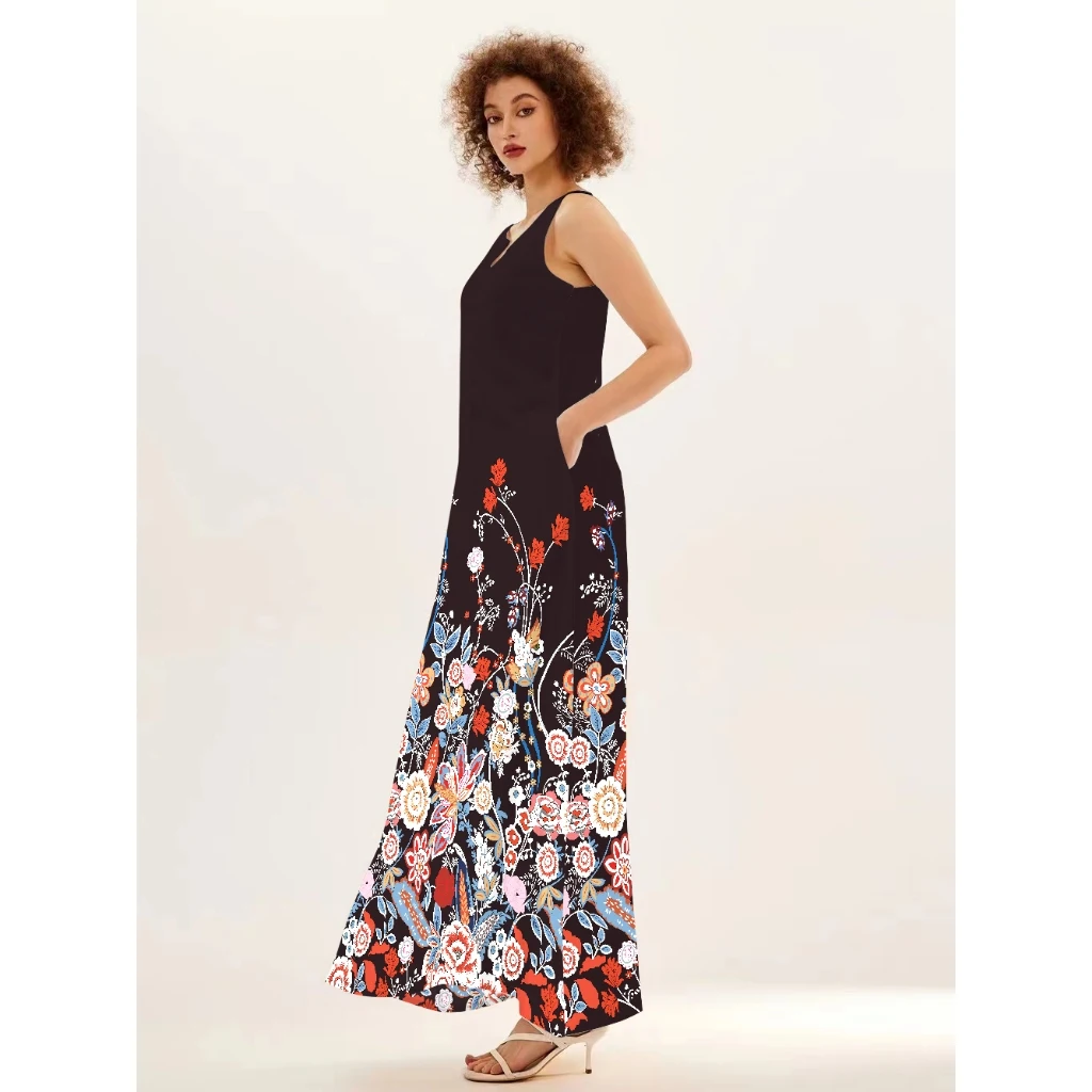 Flower Print Long Loose V-neck Sleeveless High-end Dress and Ankle Casual Dresses