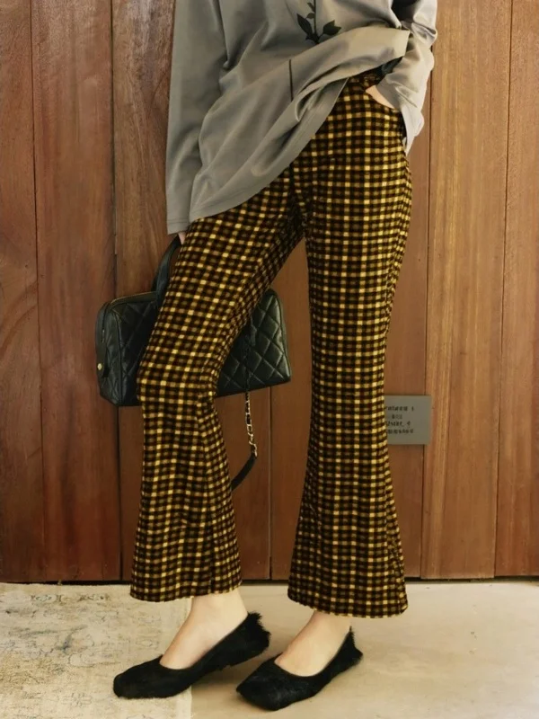 

Женские желтые клетчатые брюки-клеш на осень-зиму, облегающие, с высокой талией, повседневные, модные, укороченные джинсы-скинни