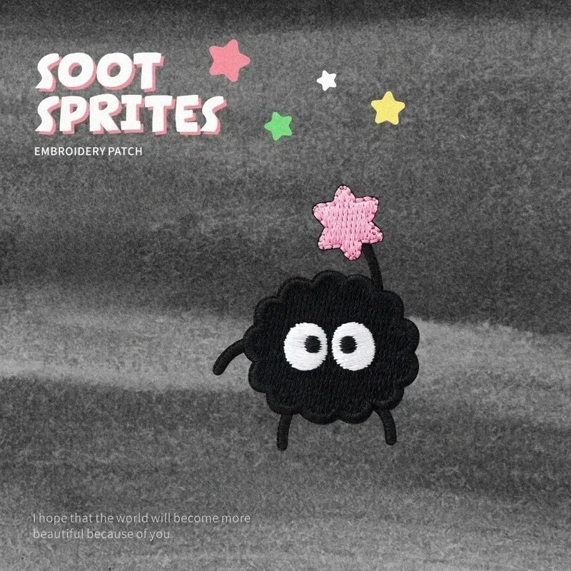 ملصق قماش مطرز، نمط فحم لطيف، قطعة واحدة، تصميم كرتوني أسود، رقعة ذاتية اللصق للملابس