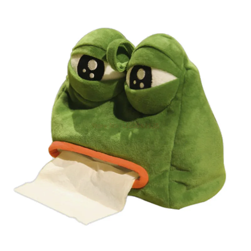 Green Sad Frog Pepe Animal Plush Stuffed Toy Paper Box Drawer Holder Cute Living Room Bedroom Paper Towel Cover Car Decor Gift