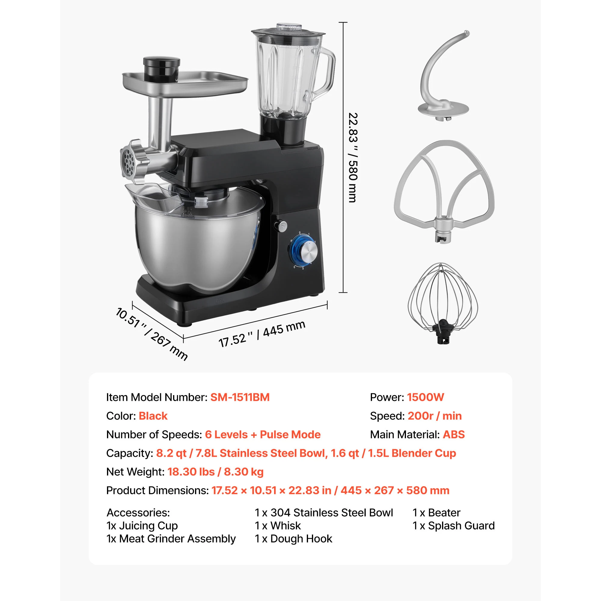 SucceBuy 5,7/6/7,8L Staande Mixer Elektrische Keukenmixer 1500W Deegmixer, 6+P Snelheden Kantelbare Voedselmixer met 1,5 L Blenderbeker