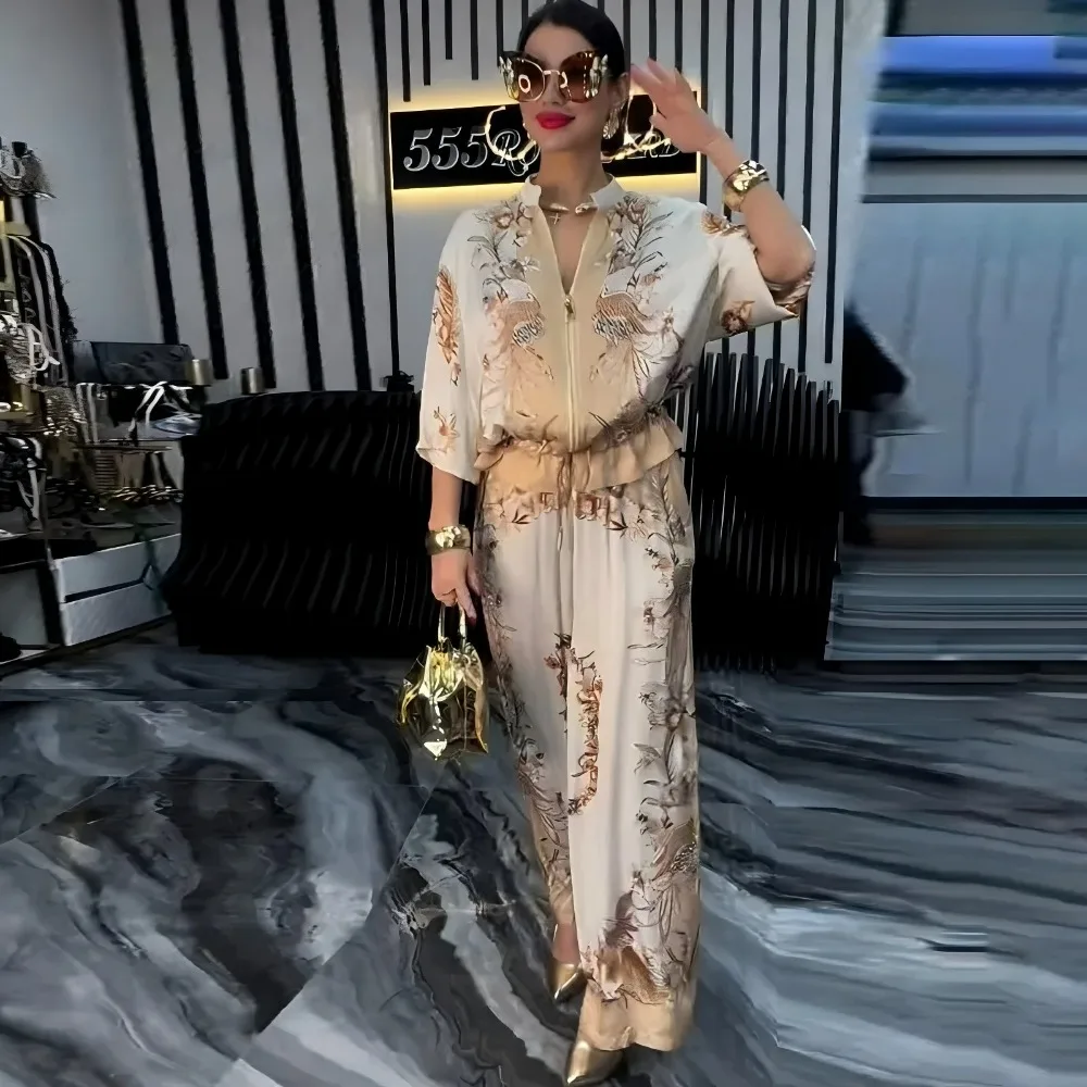 Women Beige Boho Print 2 Piece Outfit Batwing Sleeve Blouse and Loose Wide Leg Pants Casual Bohemian Set for Streetwear Festival view 4