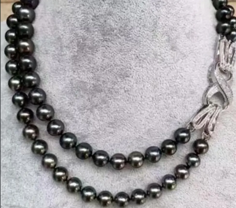 noble jewelry double strands 9-10mm Freshwater black green pearl necklace 17.5-18.5inch