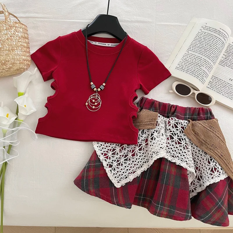 

2025New Girls' Summer Suits Children's Western Style Fashion Short Sleeve Tartan Skirt Two-Piece Set0141