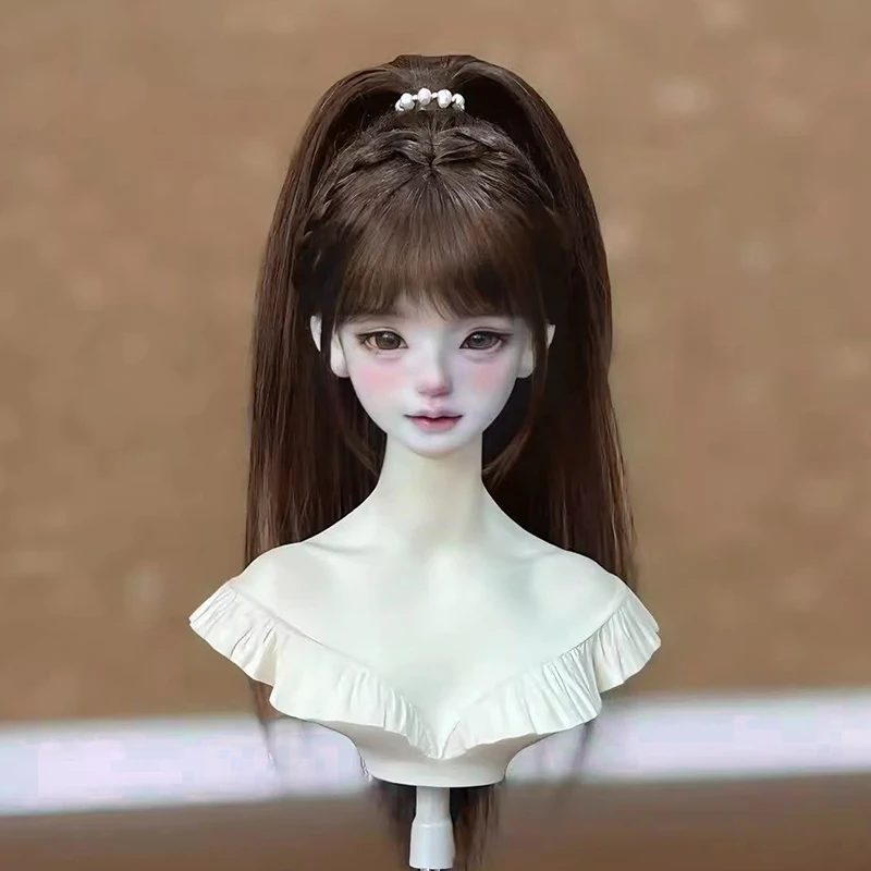 High Ponytail Braided Ancient Style Wig Red Ribbon Chinese Style Dark brown Long Hair 1/6 1/4 1/3 BJD Wig DD SD Doll Accessory