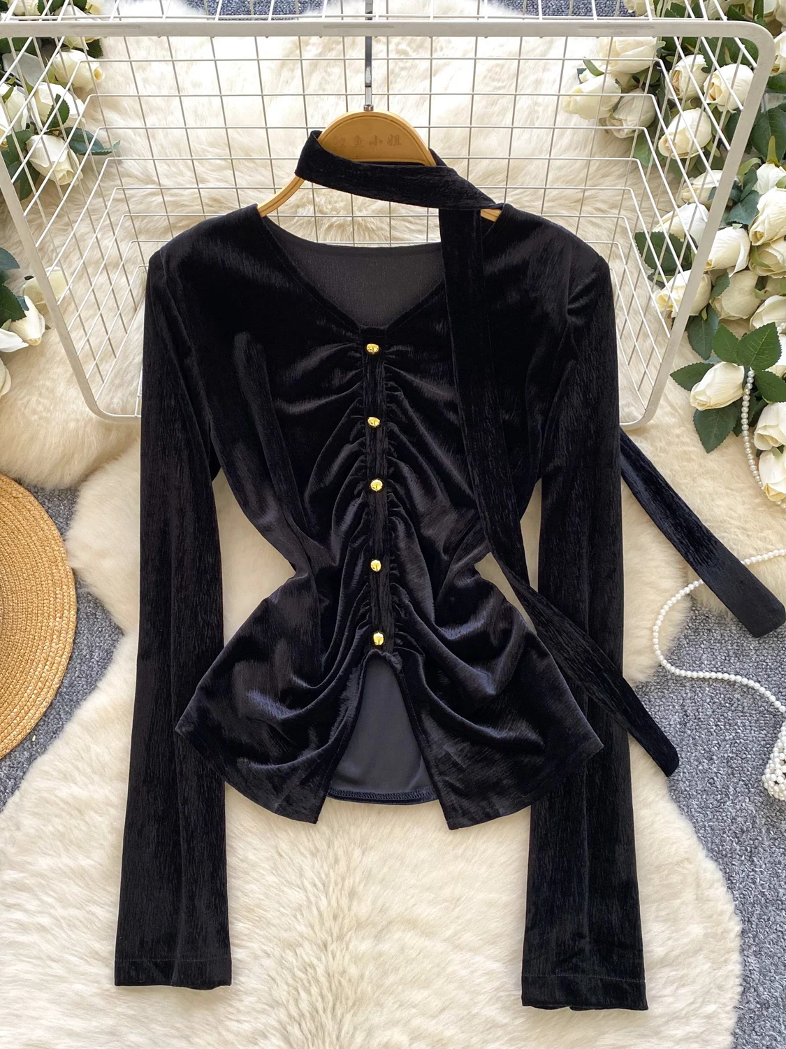 

Женский вельветовый топ Ele Bla с V-образным вырезом и разрезом, свободного кроя, в корейском стиле, осенне-зимняя новинка