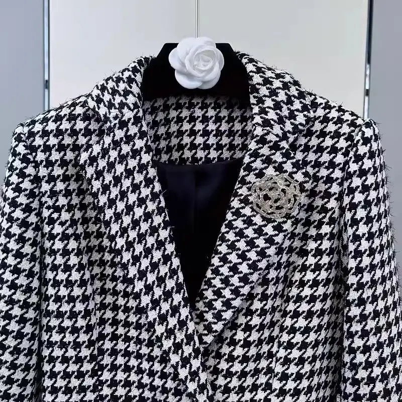 Setelan pesta Prom wanita, elegan Chic mantel Jacke atas dan rok dua potong Set untuk pakaian wanita musim dingin Houndstooth pakaian kerja