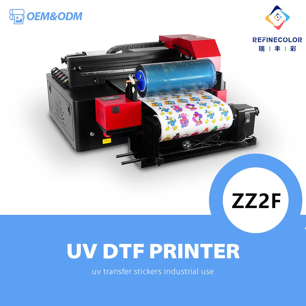 Refinecolor A3+ Industrial UV DTF Printer Double Epson F1080 Inkjet Print head CMYK+WW/ 6Varnish inks system UV Transfer sticker