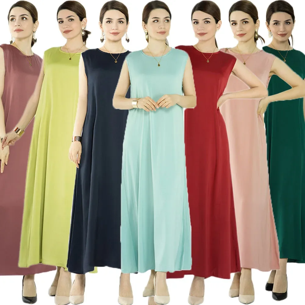 Muslim Women Lady Long Maxi Dress Sleeveless Underdress Slim Arabic Abaya Robe Ramadan Kaftan Turkish Dubai Clothing Middle East