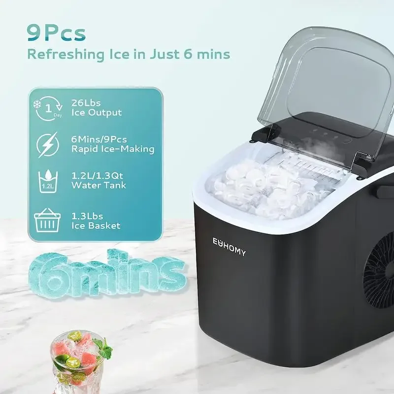 EUHOMY Ice Maker Countertop , 26lbs in 24Hrs, 9 Ice Cubes Ready in 6 Mins, Auto-Cleaning Portable Ice Maker with Basket