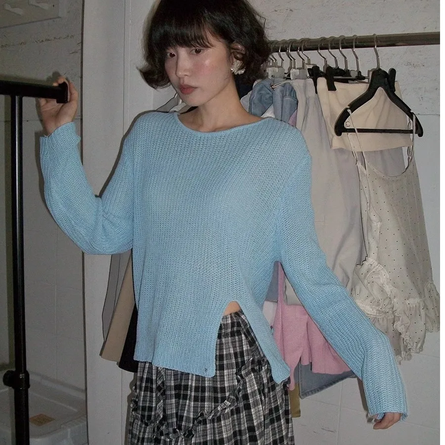 Loose Long Sve round Ne Knitted Sweater Women's Early Autumn  Thin Button Split  Comfortable Breathable