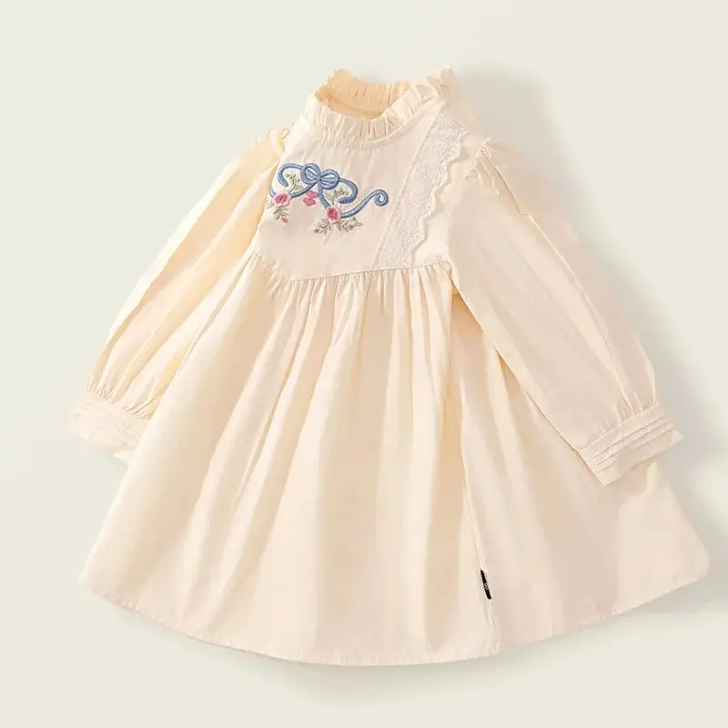 French Style Dress For Girl Autumn Clothing 2024 Long Sleeve Children'S Casual A-Line Skirt Embroider Kids Princess Dress 2-7Y