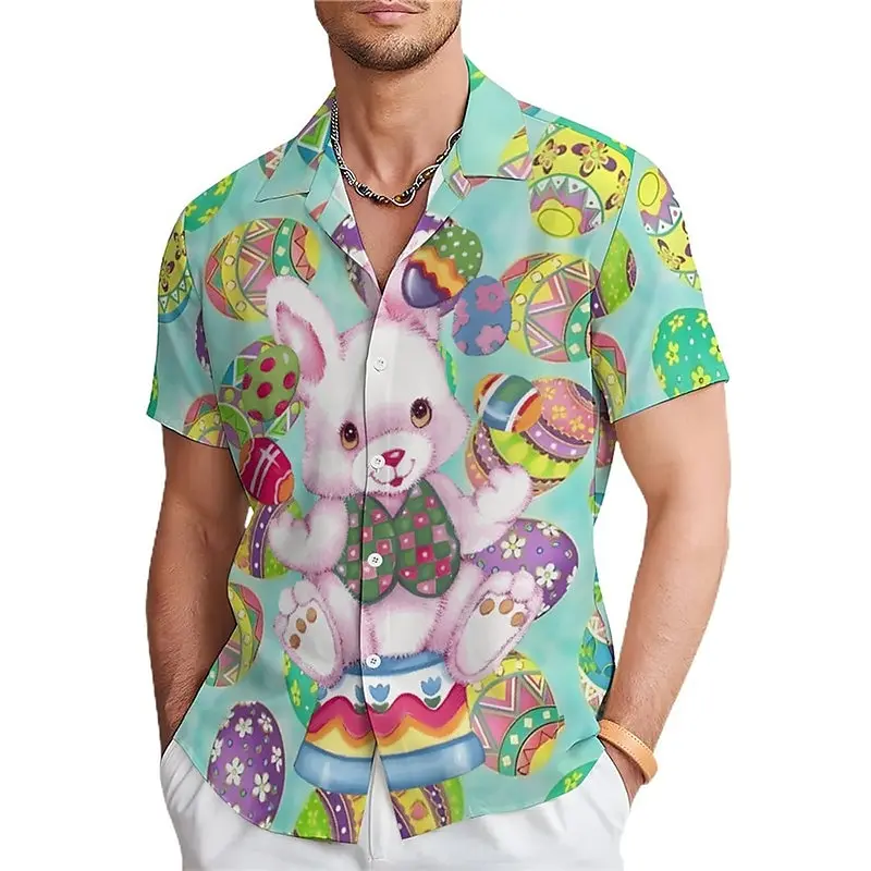 Rabbit egg pattern men's shirt casual weekend summer short sleeved pool four-way stretch fabric shirt