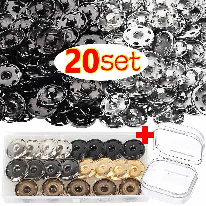 20pcs/box 15mm Metal Snap DIY Sew on Buttons Invisible Sewing Fasteners Press Button Embedded Buckle for Clothing Cuff Bags Kit