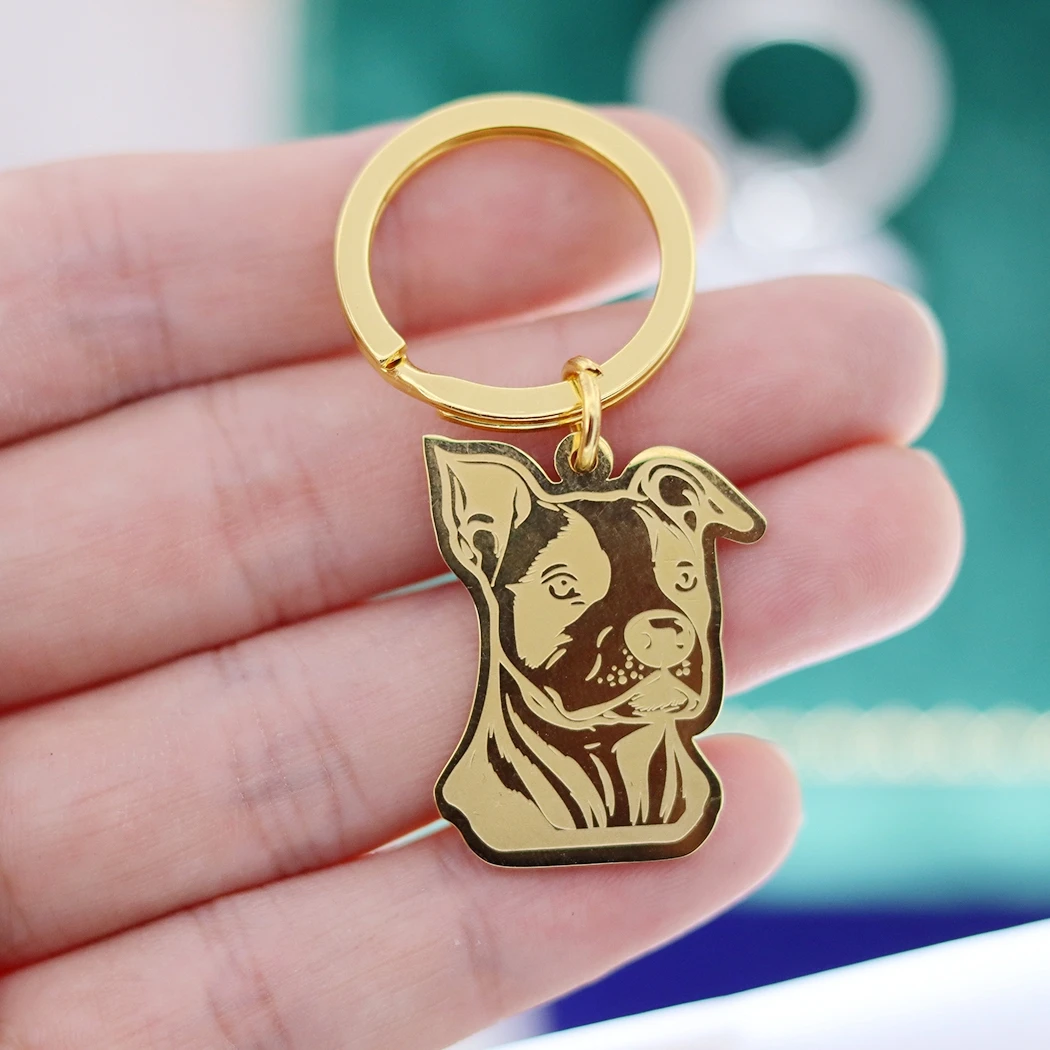 Punk Folded Ears Mastiff Dog DIY Keychain Stainless Steel Pendant Gold Plated Metal Accessories Cartoon Pet Jewelry Kids Gifts