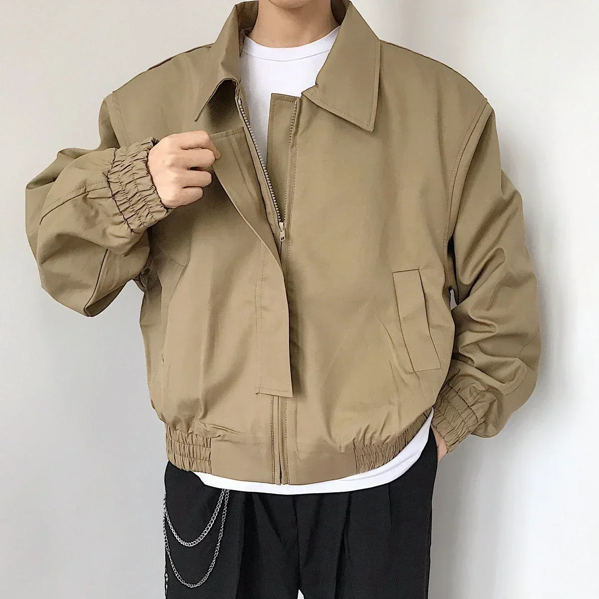 

Autumn Korean Fashion New Short Men's Jackets Long Sleeve Khaki Square Collar Loose Casual Zipper Bomber Jacket Coats Men