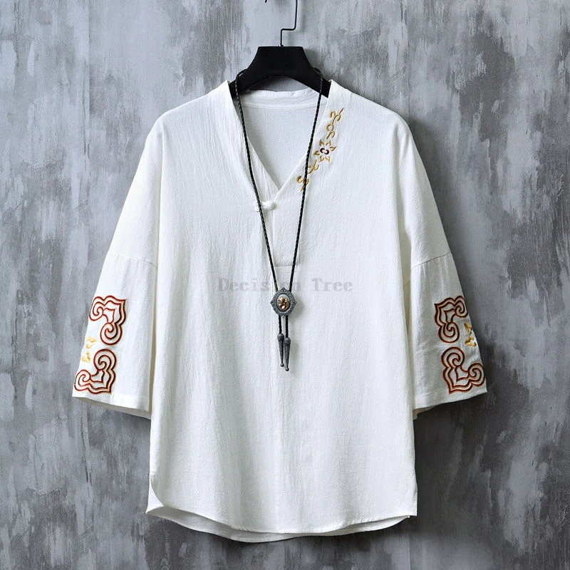 2024 summer new chinese style short sleeved shirt men thin loose wushu top retro elegant solid color embroidery cotton linen top