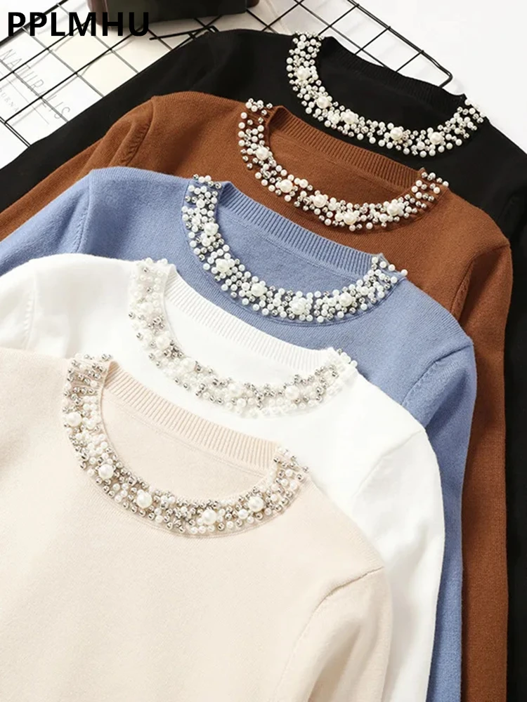 Chic Beaded O-neck Knitted Tshirts Women Spring Casual Slim Knitwear Jumper Tops Korean Long Sleeve Malhas Tee New Thin Sweater